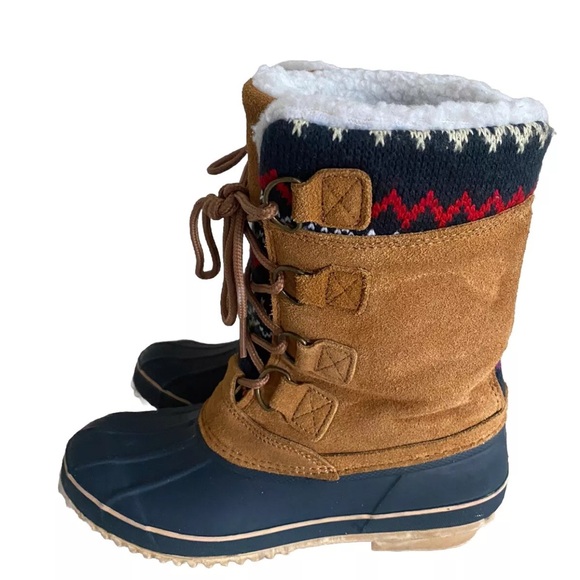 KHOMBU KRISTIE Brown Suede Sherpa Lined Nordic Knit Snow Duck Boots Size 8 - Picture 6 of 13